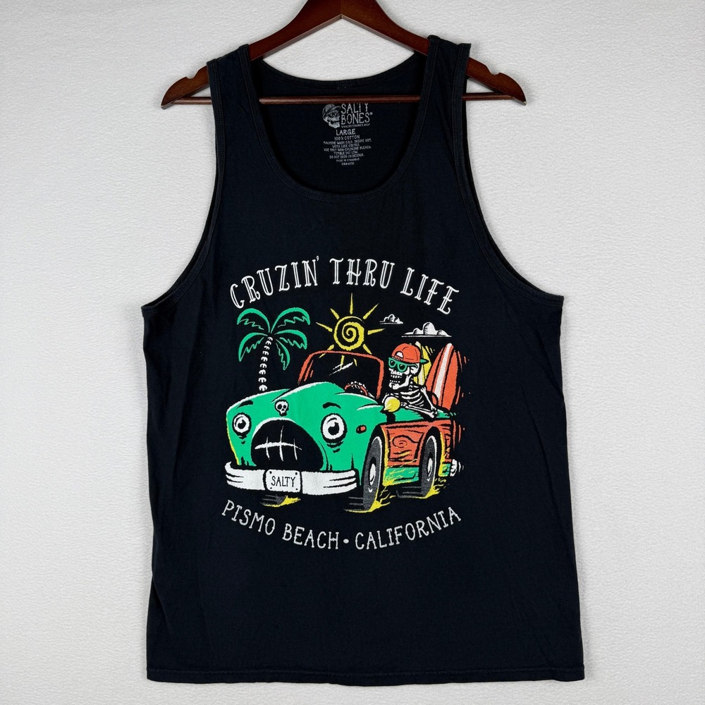 Salty Bones Tank Top Mens Large Black Pismo Beach California Skeleton Graphic